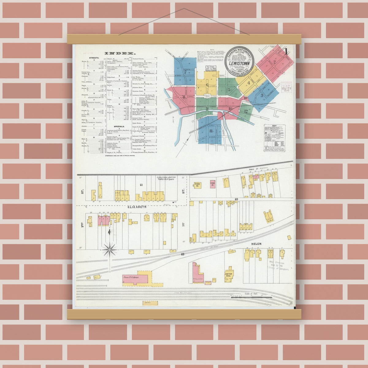 Old map wall art mockup — magnetic wood frame on brick wall — Sanborn Fire Insurance Map from Lewistown, Mifflin County, Pennsylvania (1904) - Complete Map Set