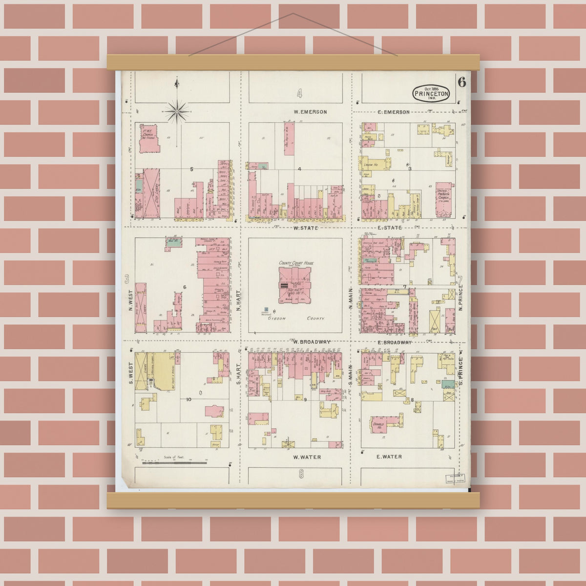 Old map wall art mockup — magnetic wood frame on brick wall — Sanborn Fire Insurance Map from Princeton, Gibson County, Indiana (1895), Sheet #0006