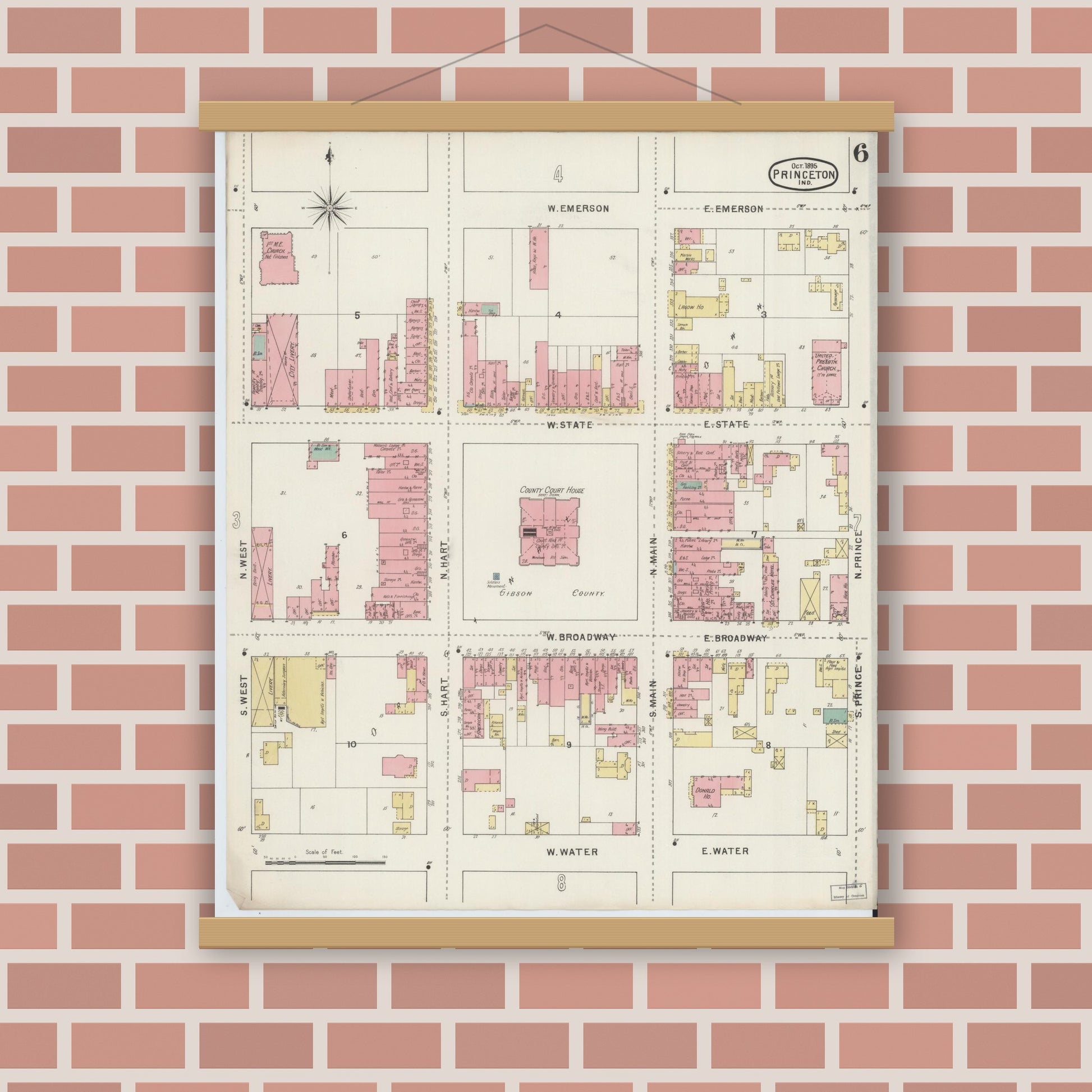 Old map wall art mockup — magnetic wood frame on brick wall — Sanborn Fire Insurance Map from Princeton, Gibson County, Indiana (1895), Sheet #0006