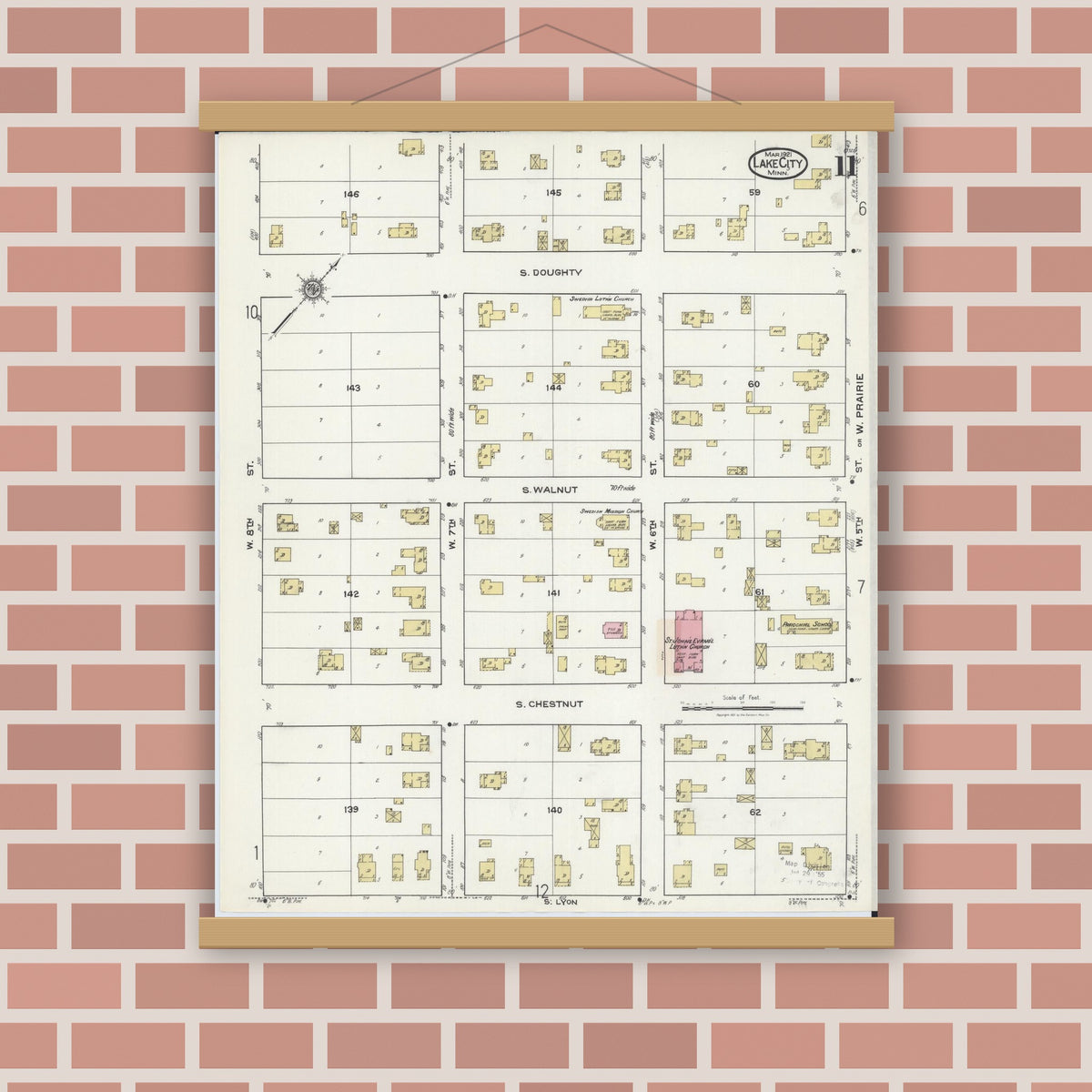 Old map wall art mockup — magnetic wood frame on brick wall — Sanborn Fire Insurance Map from Lake City, Wabasha County, Minnesota (1921), Sheet #0011