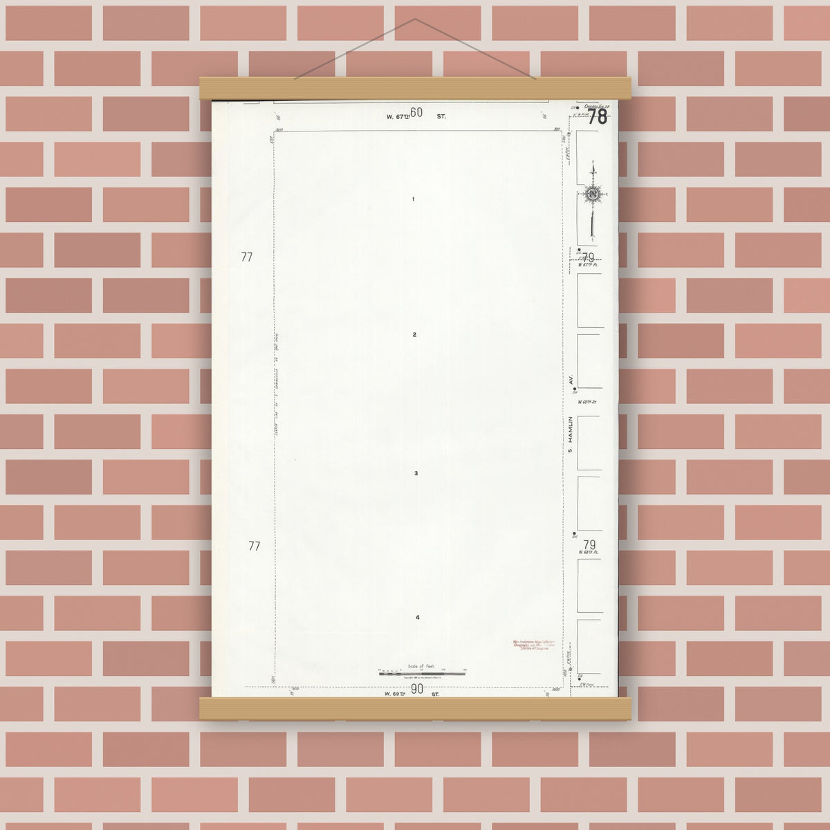 Old map wall art mockup — magnetic wood frame on brick wall — Sanborn Fire Insurance Map from Chicago, Cook County, Illinois (1920), Sheet #0078