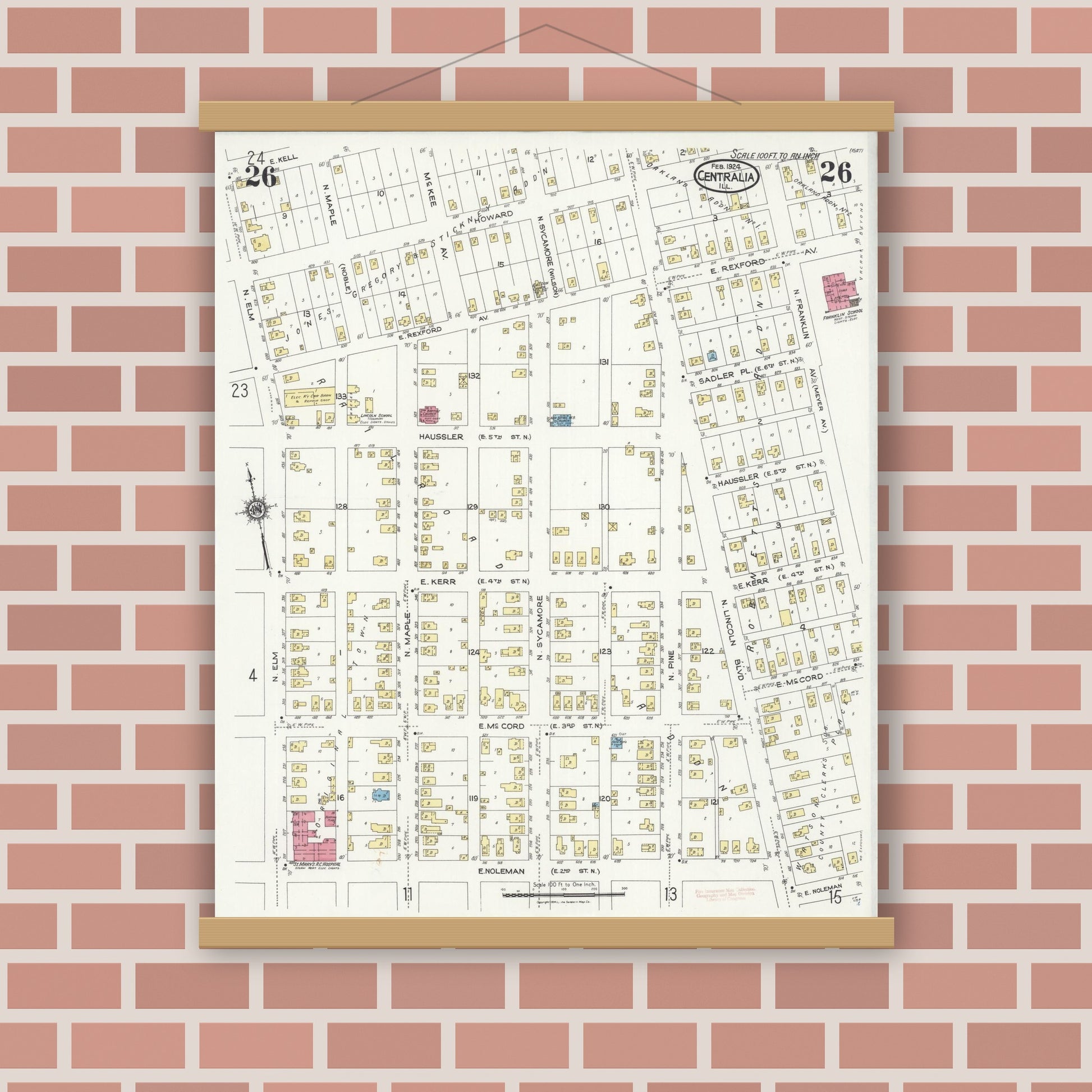 Old map wall art mockup — magnetic wood frame on brick wall — Sanborn Fire Insurance Map from Centralia, Marion, Clinton, Jefferson, and Washington Counties, Illinois (1924), Sheet #0026