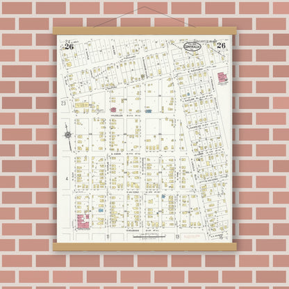 Old map wall art mockup — magnetic wood frame on brick wall — Sanborn Fire Insurance Map from Centralia, Marion, Clinton, Jefferson, and Washington Counties, Illinois (1924), Sheet #0026