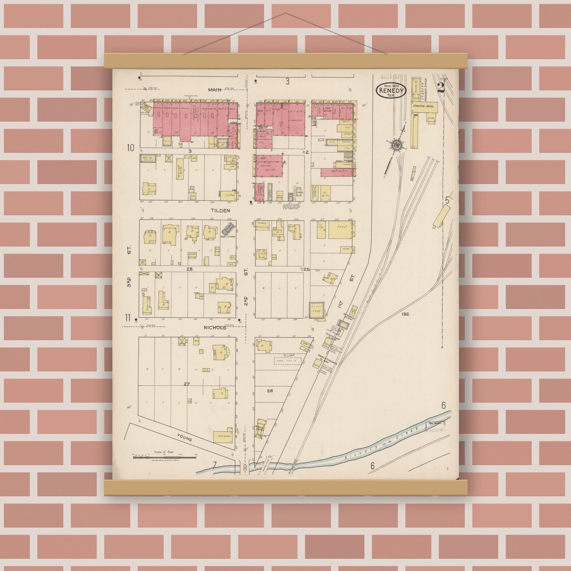 Old map wall art mockup — magnetic wood frame on brick wall — Sanborn Fire Insurance Map from Kenedy, Karnes County, Texas (1922), Sheet #0002