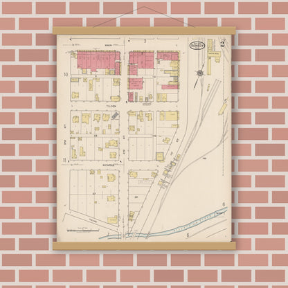 Old map wall art mockup — magnetic wood frame on brick wall — Sanborn Fire Insurance Map from Kenedy, Karnes County, Texas (1922), Sheet #0002