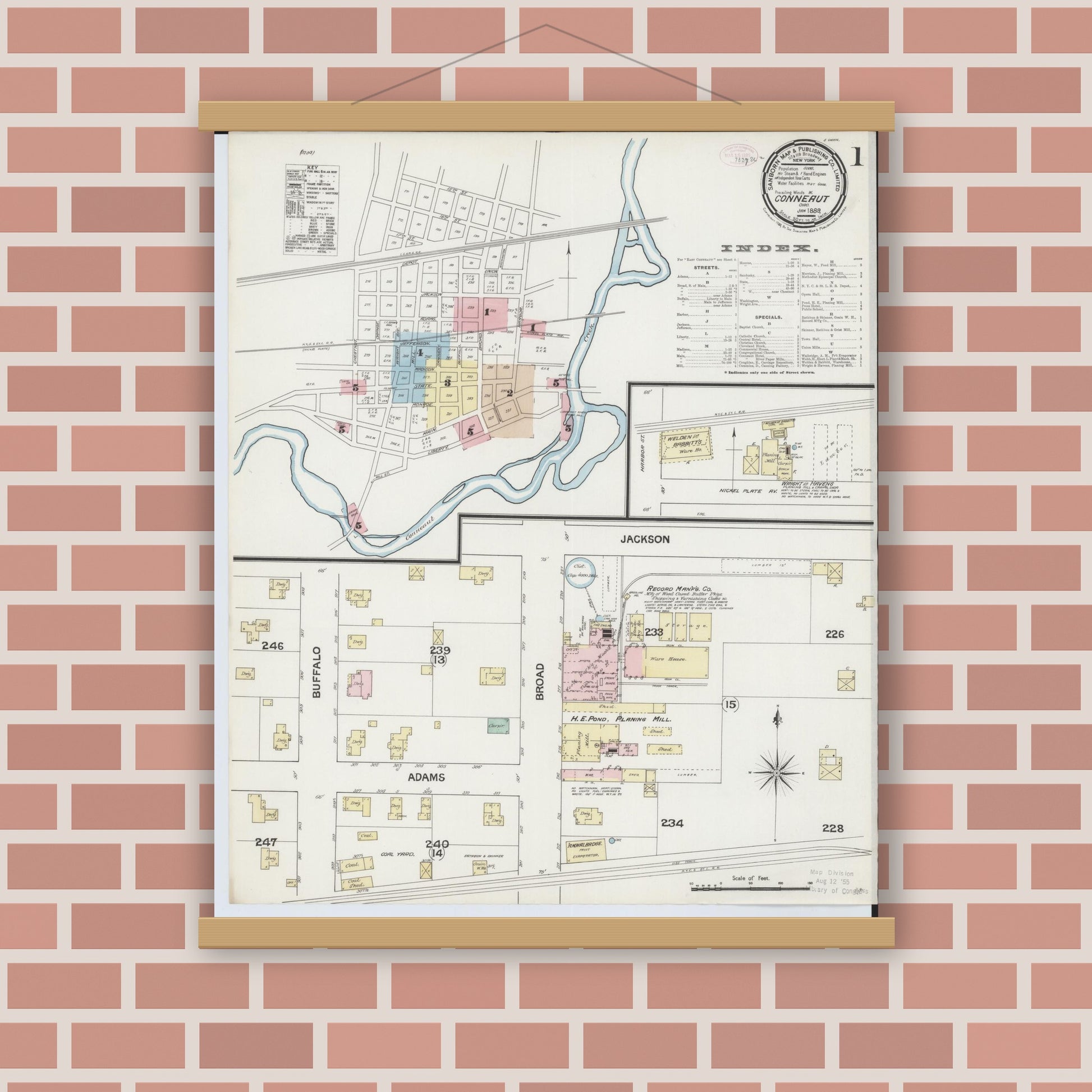 Old map wall art mockup — magnetic wood frame on brick wall — Sanborn Fire Insurance Map from Conneaut, Ashtabula County, Ohio (1889), Sheet #0001