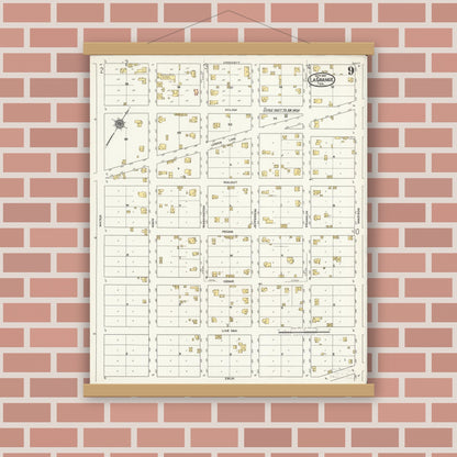Old map wall art mockup — magnetic wood frame on brick wall — Sanborn Fire Insurance Map from La Grange, Fayette County, Texas (1921), Sheet #0009