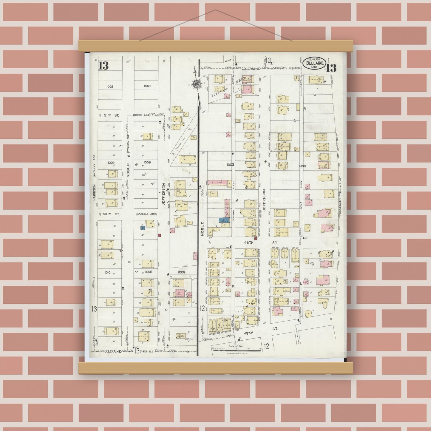 Old map wall art mockup — magnetic wood frame on brick wall — Sanborn Fire Insurance Map from Bellaire, Belmont County, Ohio (1924), Sheet #0013