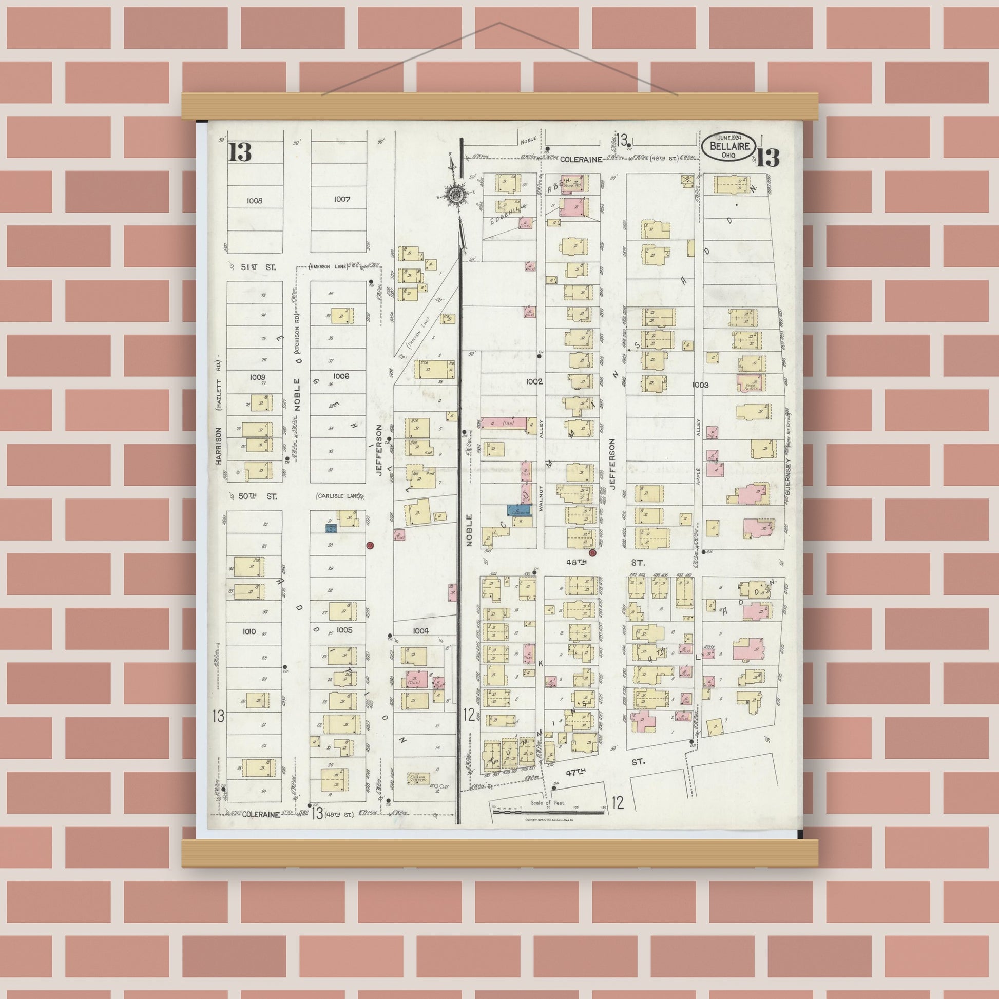 Old map wall art mockup — magnetic wood frame on brick wall — Sanborn Fire Insurance Map from Bellaire, Belmont County, Ohio (1924), Sheet #0013