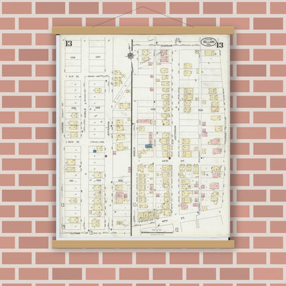 Old map wall art mockup — magnetic wood frame on brick wall — Sanborn Fire Insurance Map from Bellaire, Belmont County, Ohio (1924), Sheet #0013