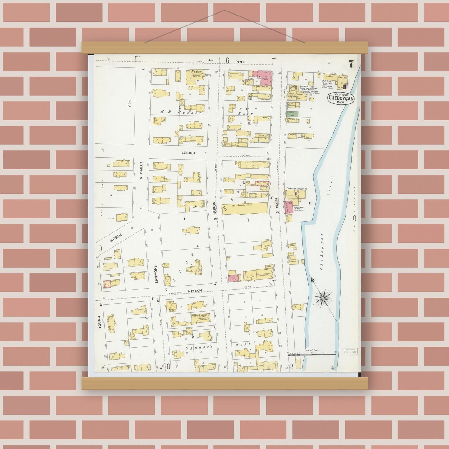 Old map wall art mockup — magnetic wood frame on brick wall — Sanborn Fire Insurance Map from Cheboygan, Cheboygan County, Michigan (1900), Sheet #0007