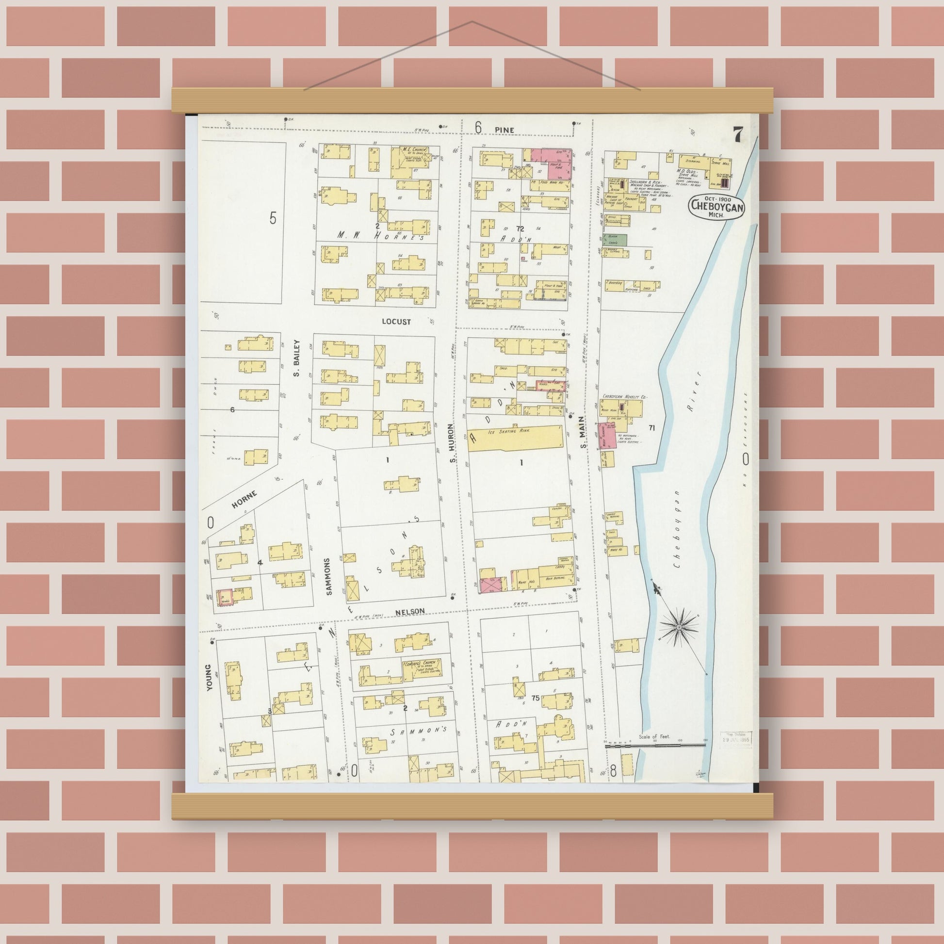 Old map wall art mockup — magnetic wood frame on brick wall — Sanborn Fire Insurance Map from Cheboygan, Cheboygan County, Michigan (1900), Sheet #0007