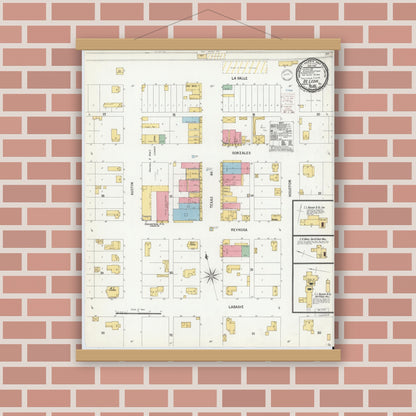 Old map wall art mockup — magnetic wood frame on brick wall — Sanborn Fire Insurance Map from De Leon, Comanche County, Texas (1900), Sheet #0001