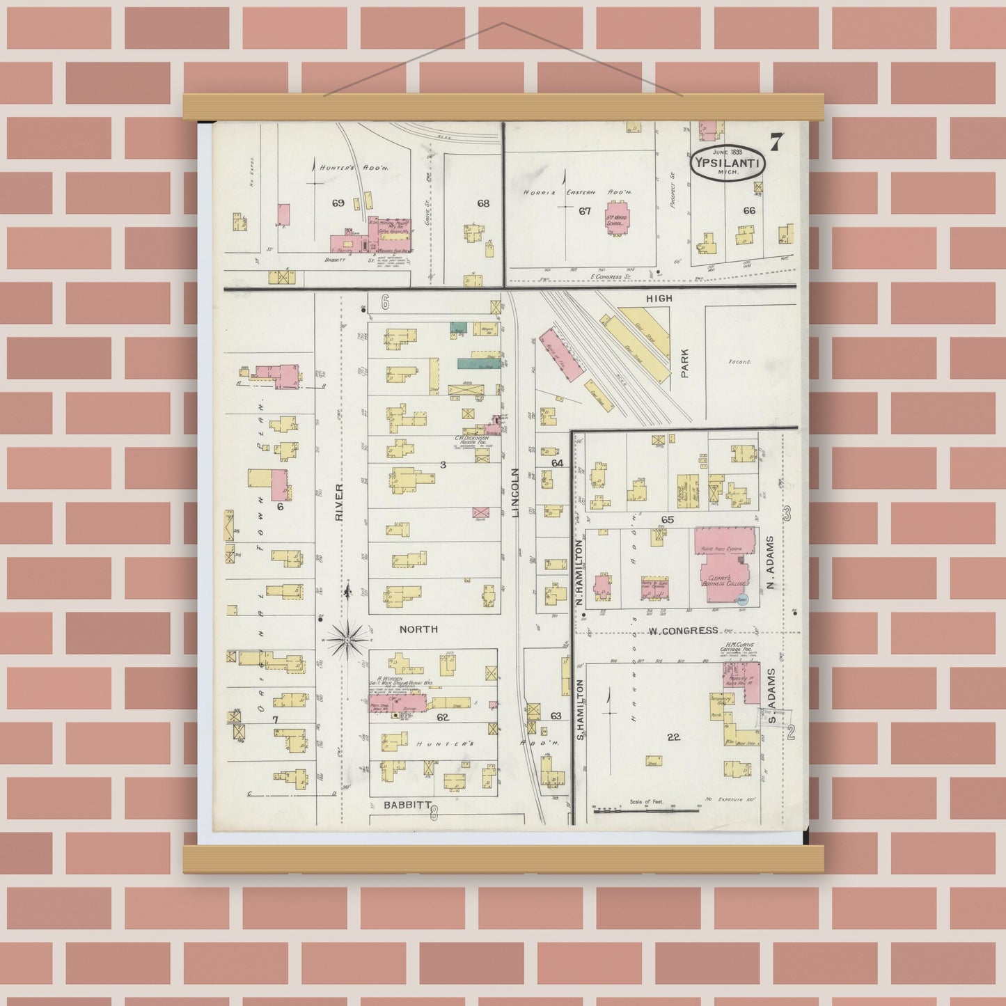 Old map wall art mockup — magnetic wood frame on brick wall — Sanborn Fire Insurance Map from Ypsilanti, Washtenaw County, Michigan (1893), Sheet #0007