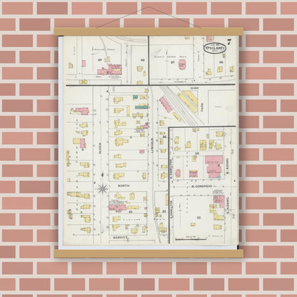 Old map wall art mockup — magnetic wood frame on brick wall — Sanborn Fire Insurance Map from Ypsilanti, Washtenaw County, Michigan (1893), Sheet #0007