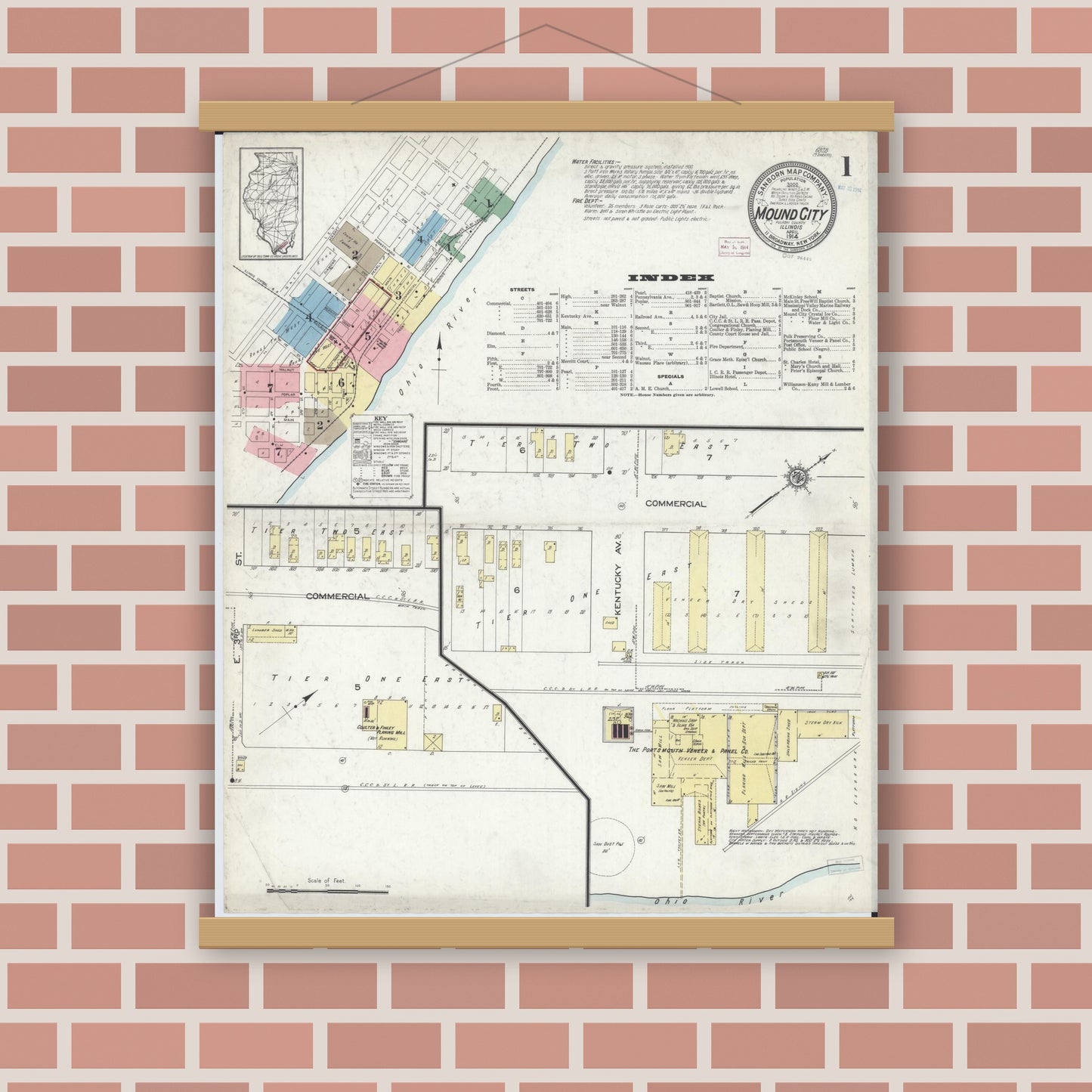 Old map wall art mockup — magnetic wood frame on brick wall — Sanborn Fire Insurance Map from Mound City, Pulaski County, Illinois (1914), Sheet #0001