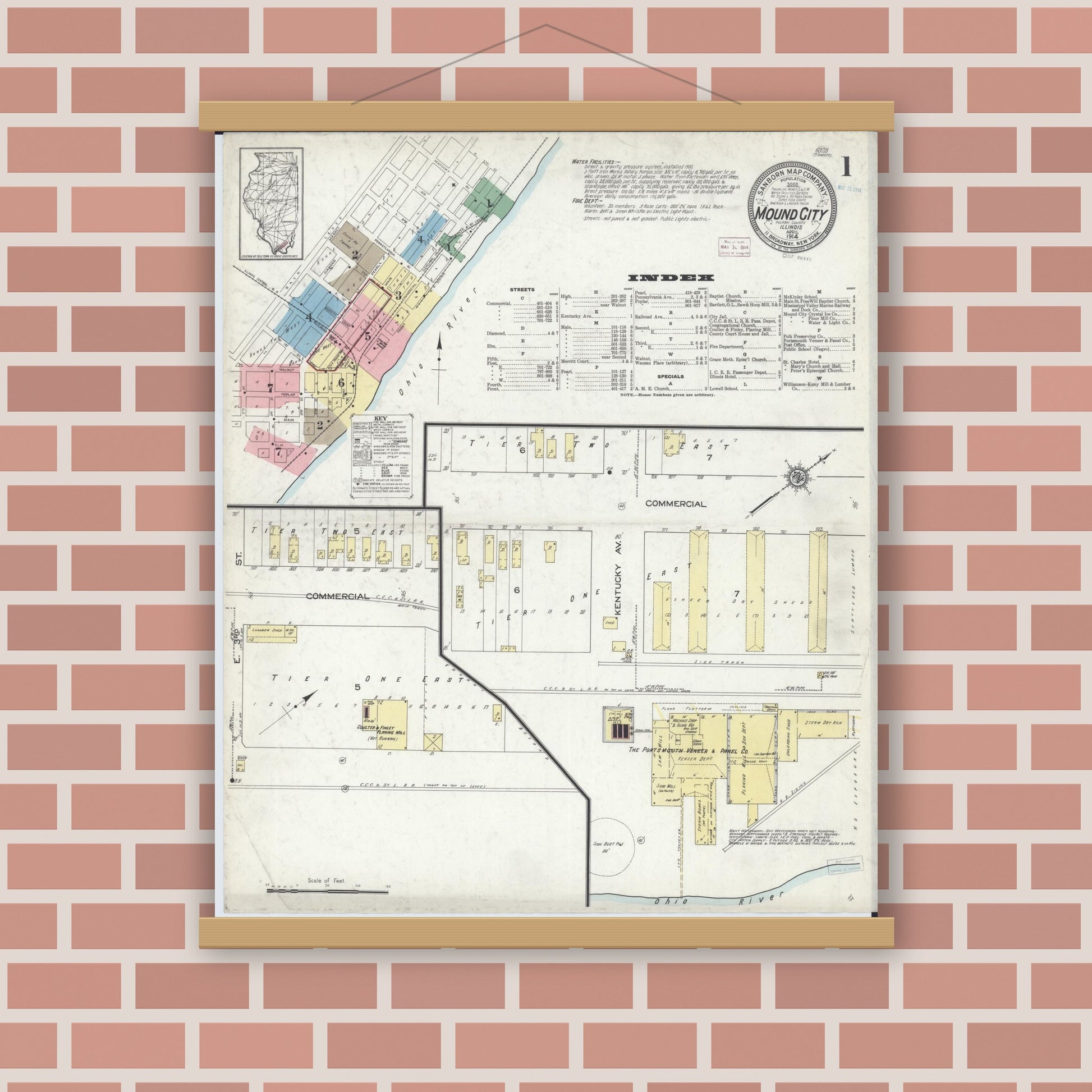 Old map wall art mockup — magnetic wood frame on brick wall — Sanborn Fire Insurance Map from Mound City, Pulaski County, Illinois (1914), Sheet #0001