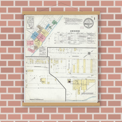 Old map wall art mockup — magnetic wood frame on brick wall — Sanborn Fire Insurance Map from Mound City, Pulaski County, Illinois (1914), Sheet #0001
