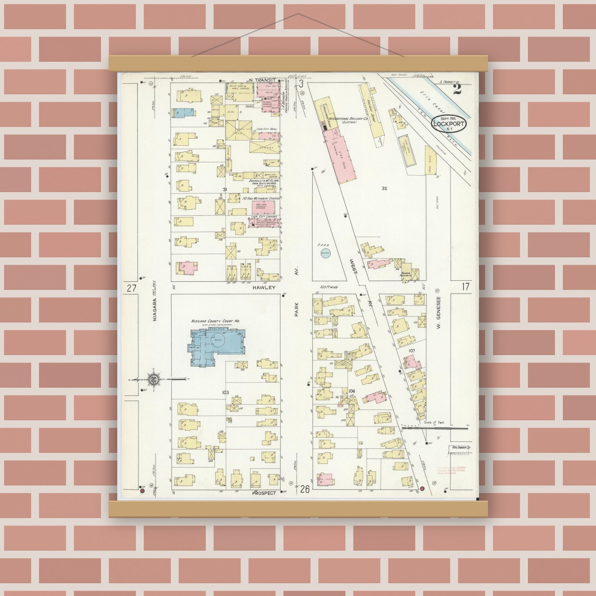Old map wall art mockup — magnetic wood frame on brick wall — Sanborn Fire Insurance Map from Lockport, Niagara County, New York (1914) - Complete Map Set