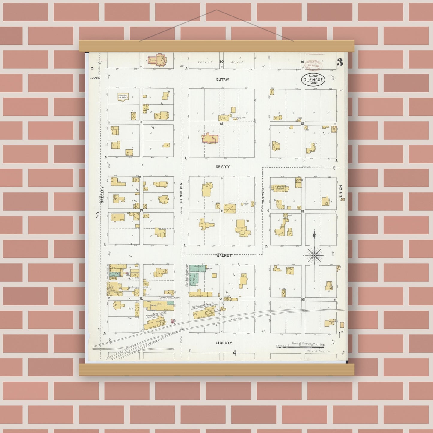 Old map wall art mockup — magnetic wood frame on brick wall — Sanborn Fire Insurance Map from Glencoe, Mcleod County, Minnesota (1899), Sheet #0003