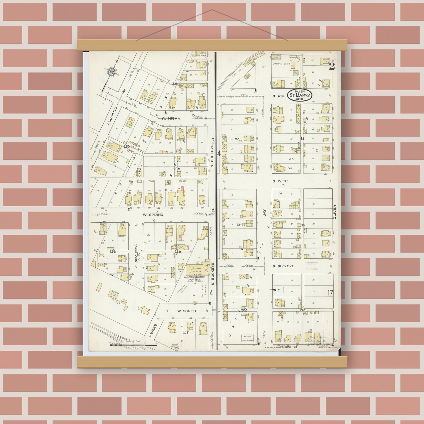 Old map wall art mockup — magnetic wood frame on brick wall — Sanborn Fire Insurance Map from Saint Marys, Auglaize County, Ohio (1914), Sheet #0002
