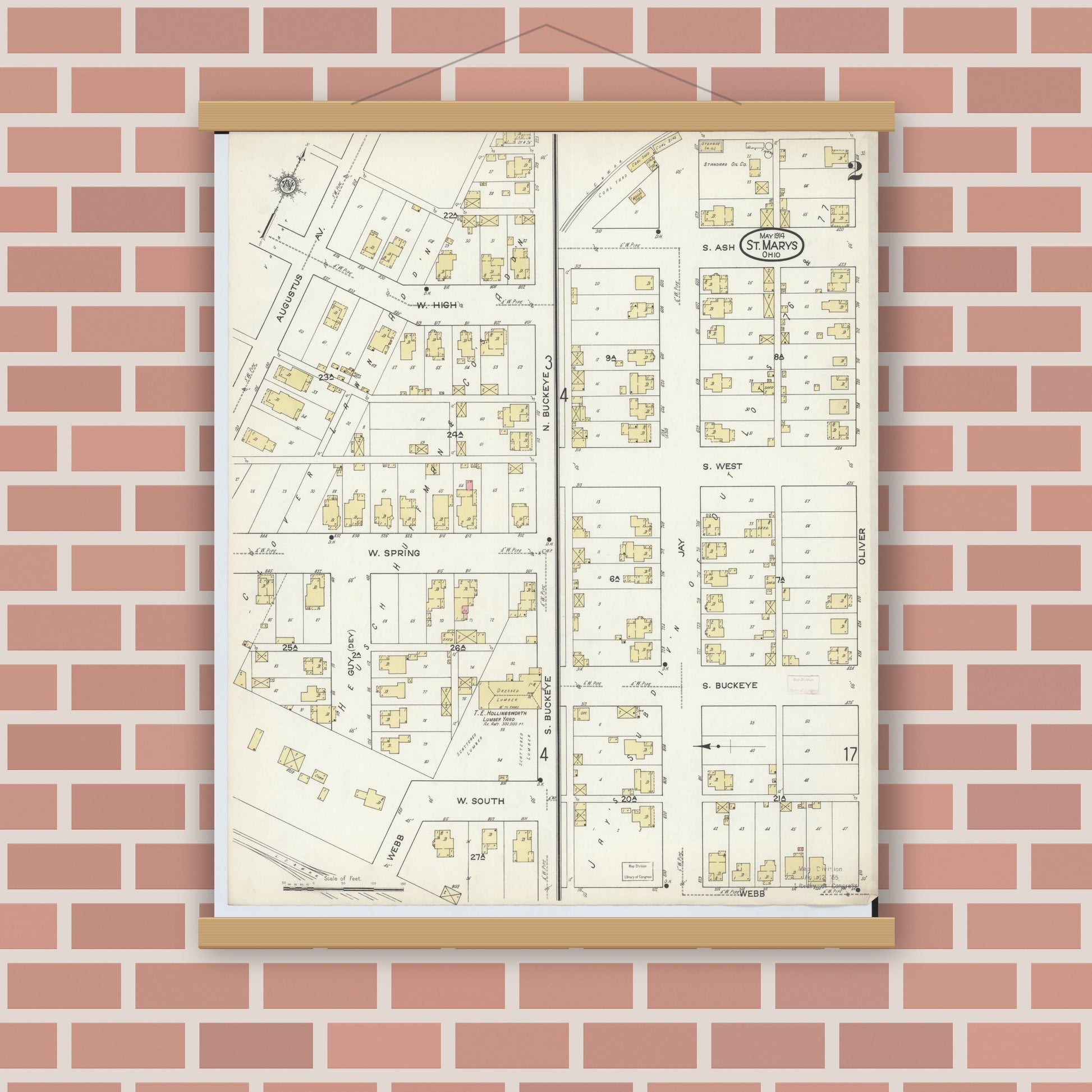 Old map wall art mockup — magnetic wood frame on brick wall — Sanborn Fire Insurance Map from Saint Marys, Auglaize County, Ohio (1914), Sheet #0002