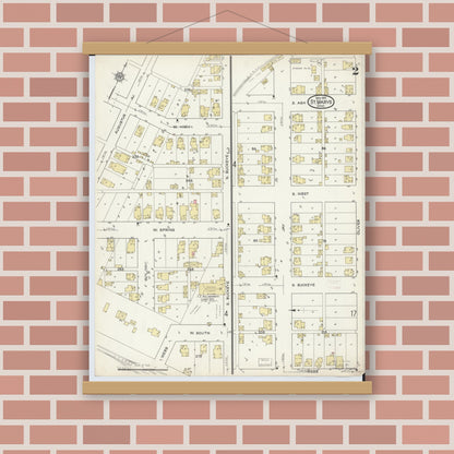 Old map wall art mockup — magnetic wood frame on brick wall — Sanborn Fire Insurance Map from Saint Marys, Auglaize County, Ohio (1914), Sheet #0002