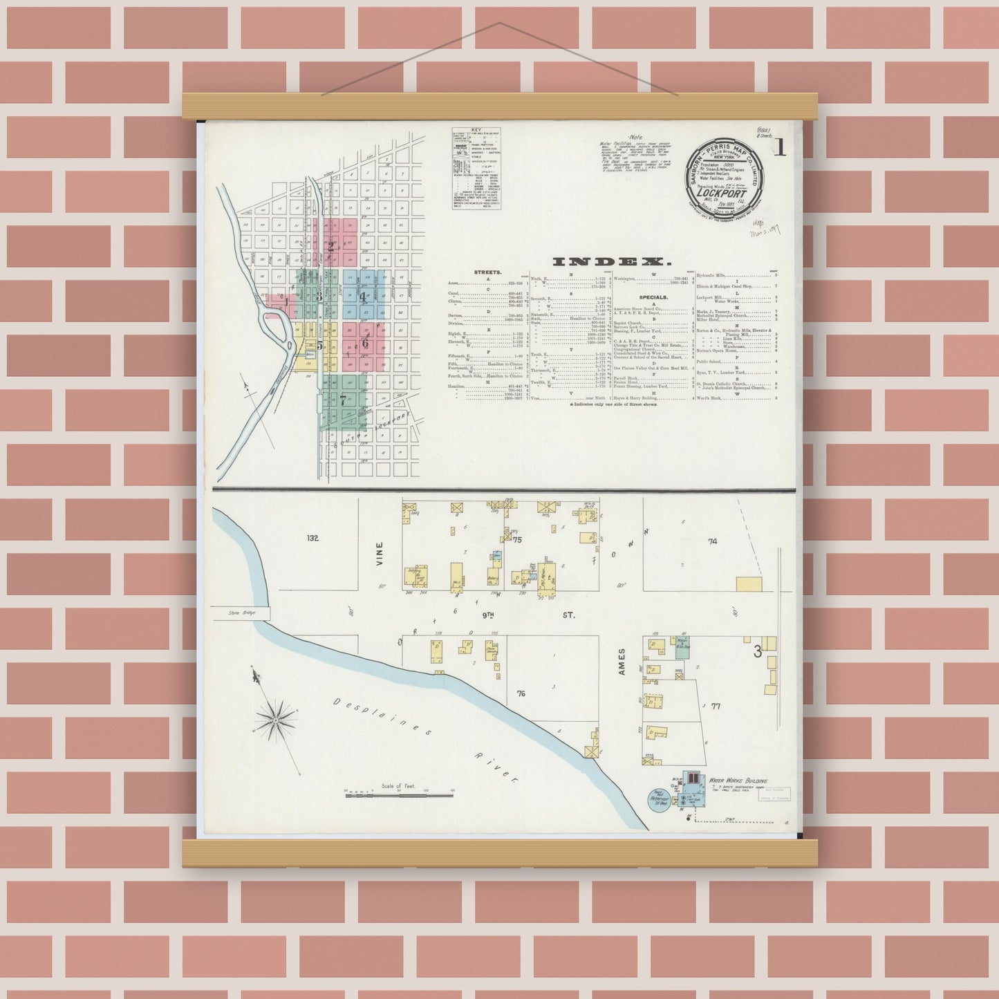 Old map wall art mockup — magnetic wood frame on brick wall — Sanborn Fire Insurance Map from Lockport, Will County, Illinois (1897), Sheet #0001