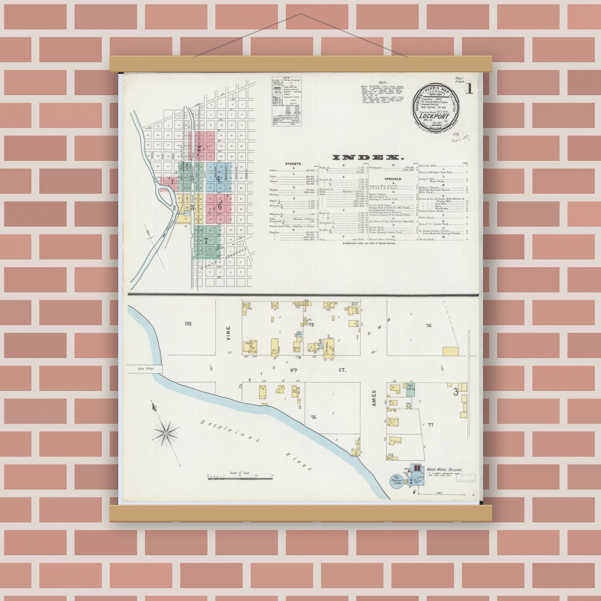 Old map wall art mockup — magnetic wood frame on brick wall — Sanborn Fire Insurance Map from Lockport, Will County, Illinois (1897), Sheet #0001