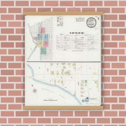 Old map wall art mockup — magnetic wood frame on brick wall — Sanborn Fire Insurance Map from Lockport, Will County, Illinois (1897), Sheet #0001