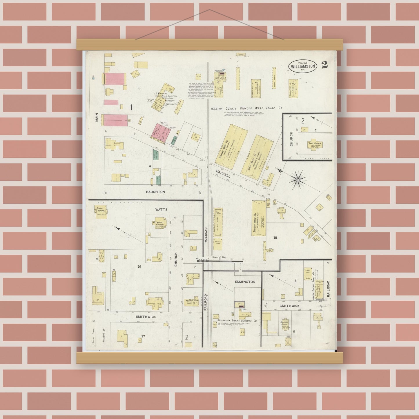 Old map wall art mockup — magnetic wood frame on brick wall — Sanborn Fire Insurance Map from Williamston, Martin County, North Carolina (1908), Sheet #0002