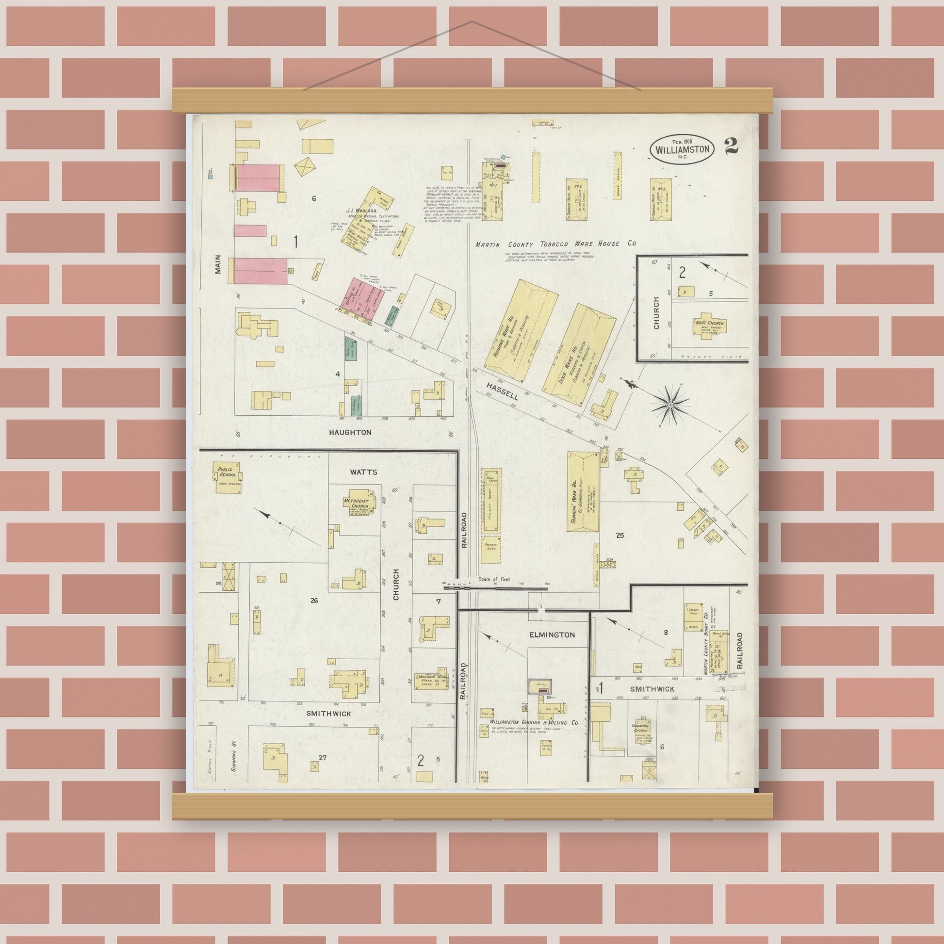 Old map wall art mockup — magnetic wood frame on brick wall — Sanborn Fire Insurance Map from Williamston, Martin County, North Carolina (1908), Sheet #0002