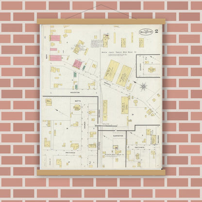 Old map wall art mockup — magnetic wood frame on brick wall — Sanborn Fire Insurance Map from Williamston, Martin County, North Carolina (1908), Sheet #0002
