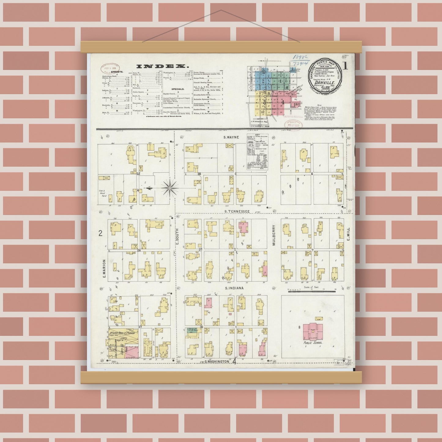 Old map wall art mockup — magnetic wood frame on brick wall — Sanborn Fire Insurance Map from Danville, Hendricks County, Indiana (1898) - Complete Map Set