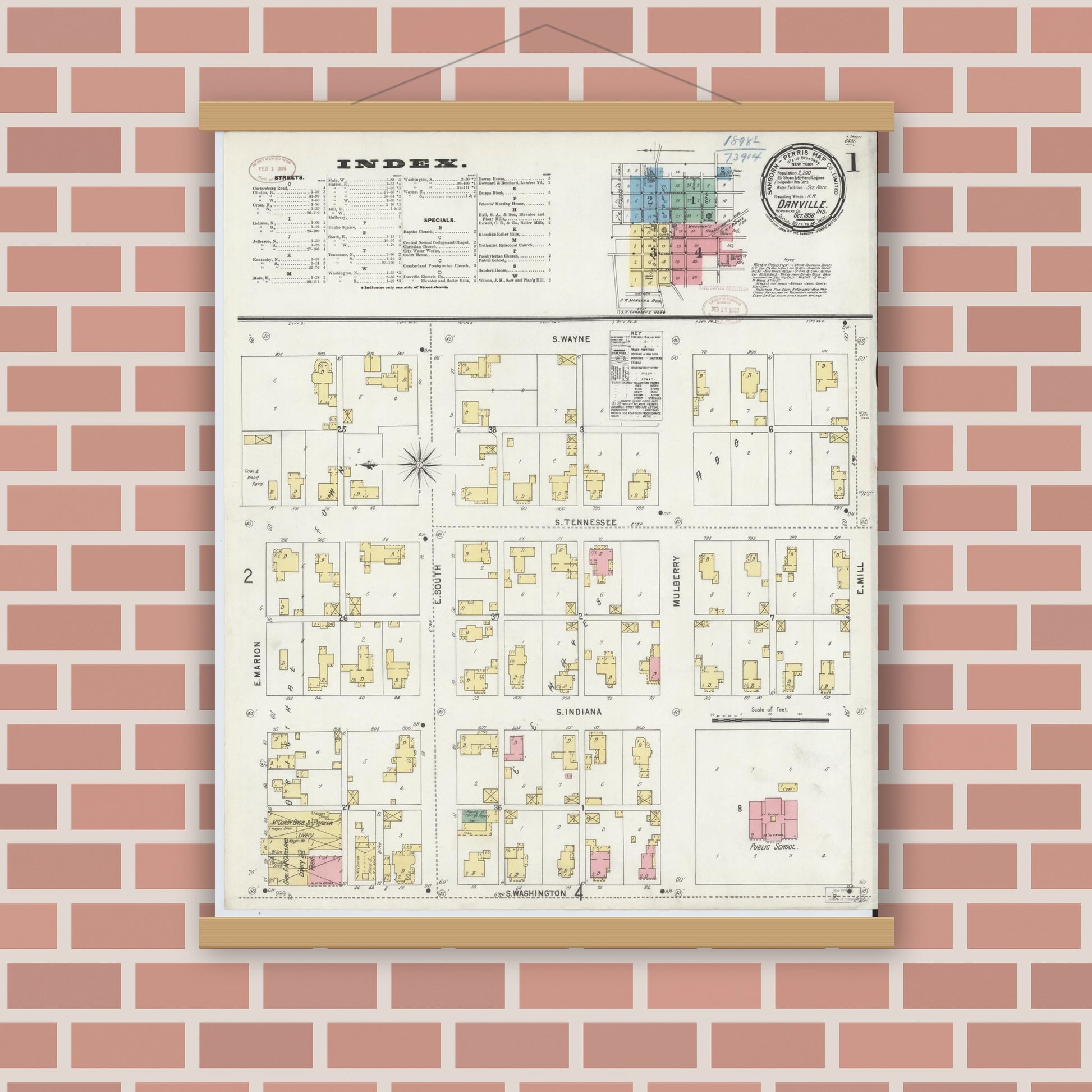 Old map wall art mockup — magnetic wood frame on brick wall — Sanborn Fire Insurance Map from Danville, Hendricks County, Indiana (1898) - Complete Map Set