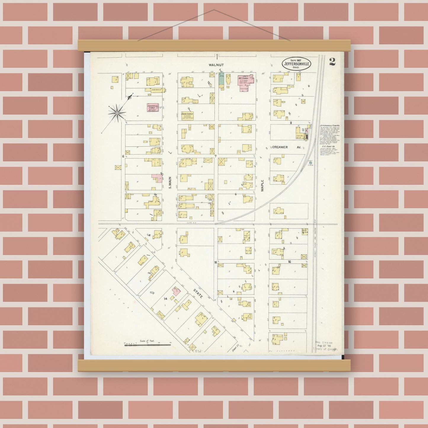 Old map wall art mockup — magnetic wood frame on brick wall — Sanborn Fire Insurance Map from Jeffersonville, Fayette County, Ohio (1907), Sheet #0002