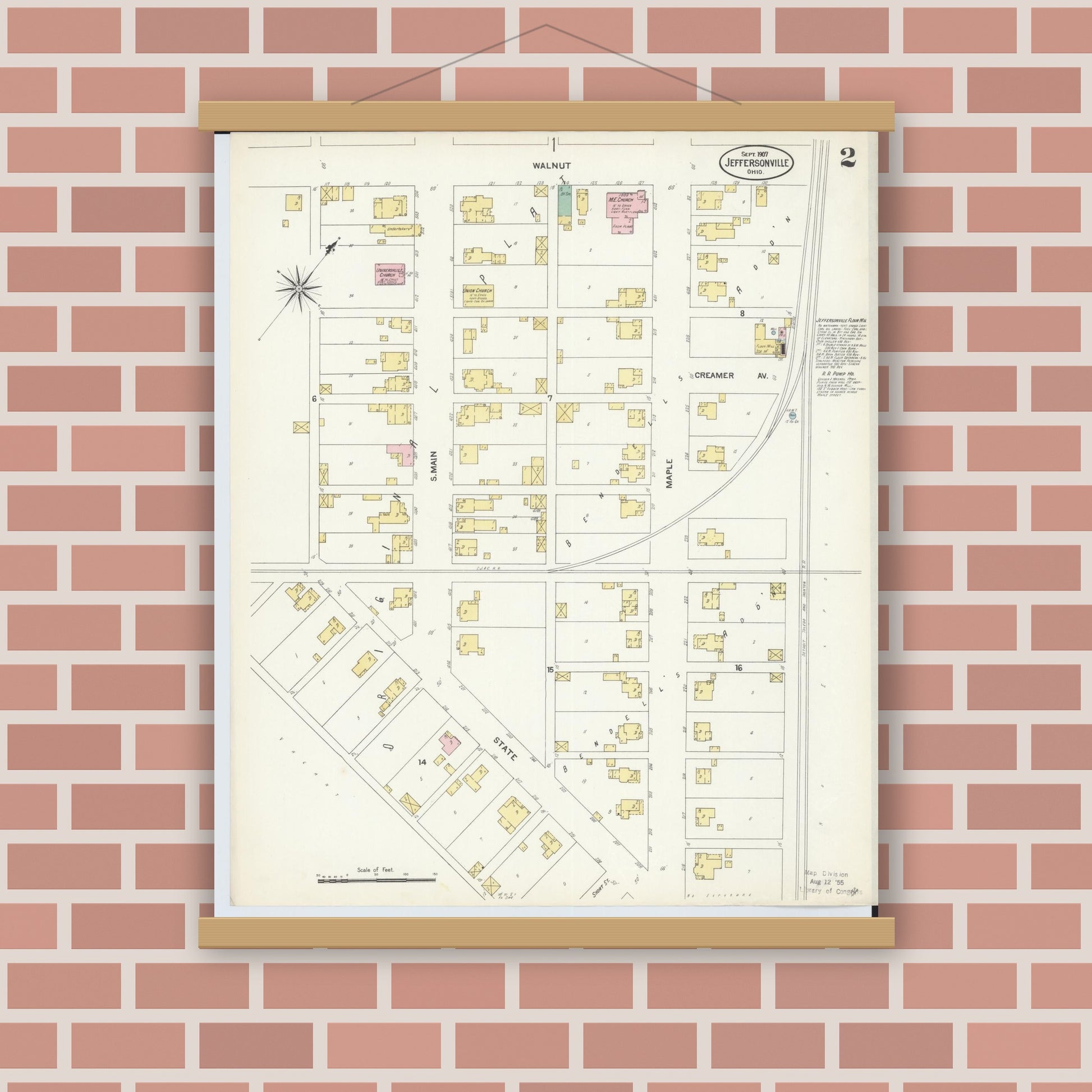 Old map wall art mockup — magnetic wood frame on brick wall — Sanborn Fire Insurance Map from Jeffersonville, Fayette County, Ohio (1907), Sheet #0002