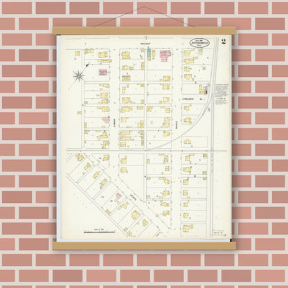 Old map wall art mockup — magnetic wood frame on brick wall — Sanborn Fire Insurance Map from Jeffersonville, Fayette County, Ohio (1907), Sheet #0002