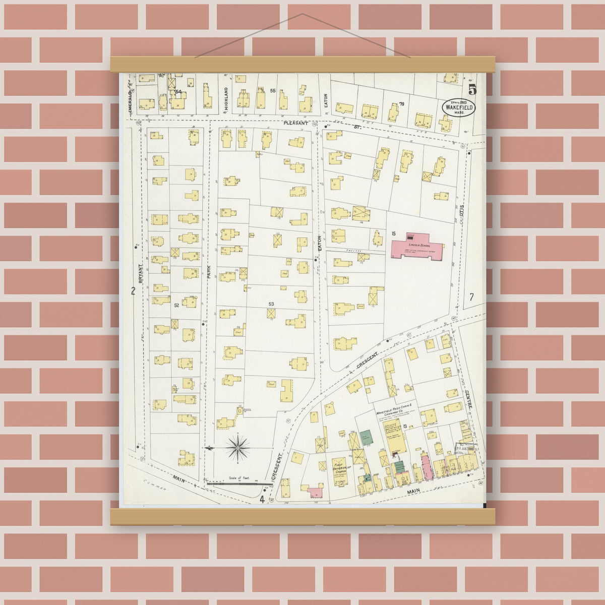 Old map wall art mockup — magnetic wood frame on brick wall — Sanborn Fire Insurance Map from Wakefield, Middlesex County, Massachusetts (1903), Sheet #0005