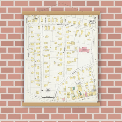 Old map wall art mockup — magnetic wood frame on brick wall — Sanborn Fire Insurance Map from Wakefield, Middlesex County, Massachusetts (1903), Sheet #0005
