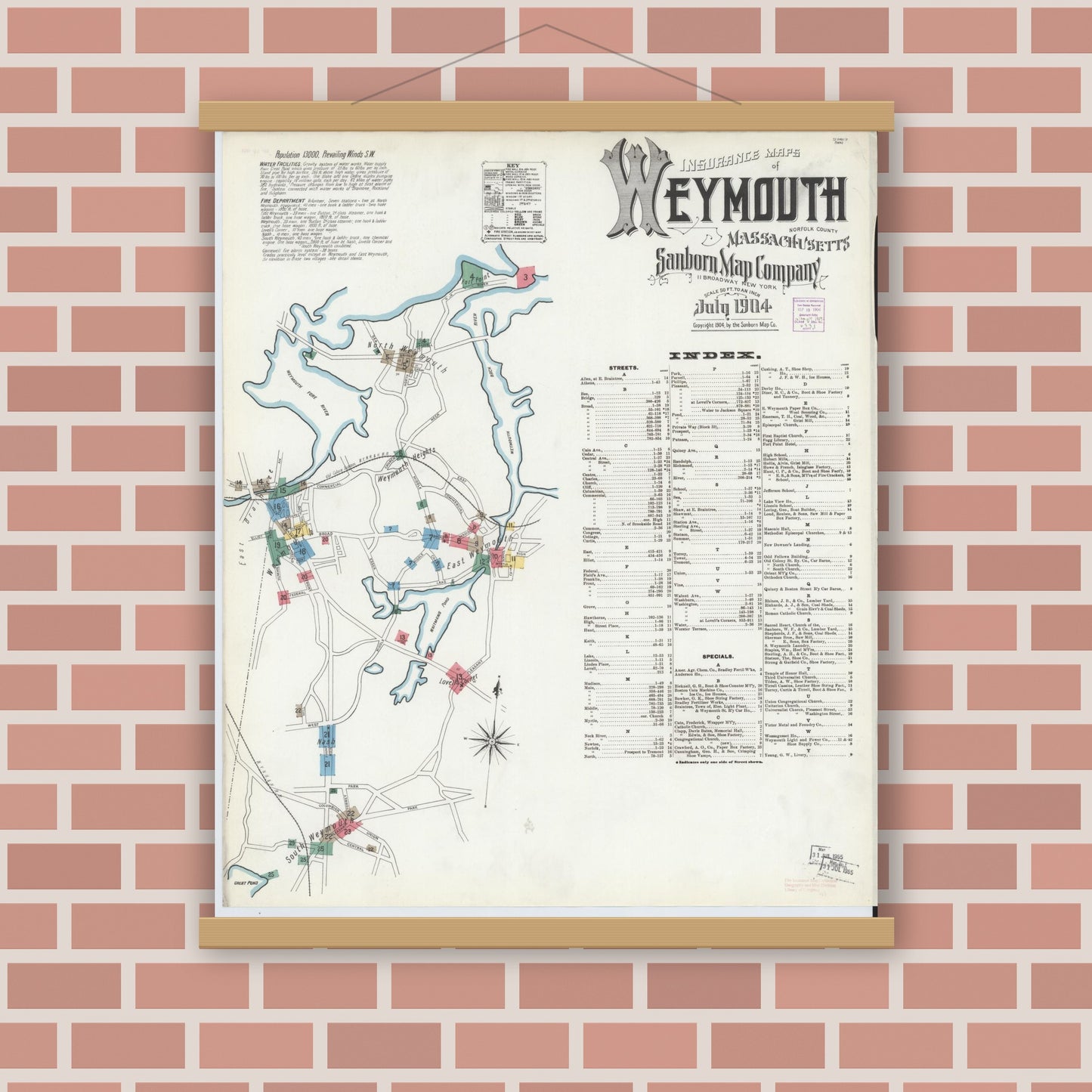 Old map wall art mockup — magnetic wood frame on brick wall — Sanborn Fire Insurance Map from Weymouth, Norfolk County, Massachusetts (1904), Sheet #0001