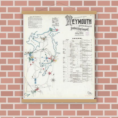 Old map wall art mockup — magnetic wood frame on brick wall — Sanborn Fire Insurance Map from Weymouth, Norfolk County, Massachusetts (1904), Sheet #0001