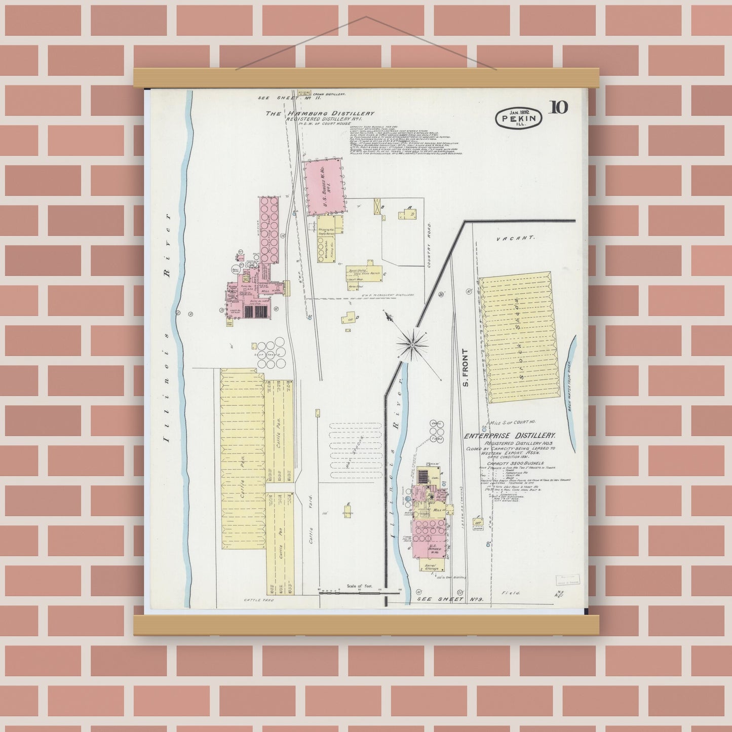 Old map wall art mockup — magnetic wood frame on brick wall — Sanborn Fire Insurance Map from Pekin, Tazewell County, Illinois (1892), Sheet #0010