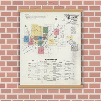 Old map wall art mockup — magnetic wood frame on brick wall — Sanborn Fire Insurance Map from Alma, Gratiot County, Michigan (1917), Sheet #0001