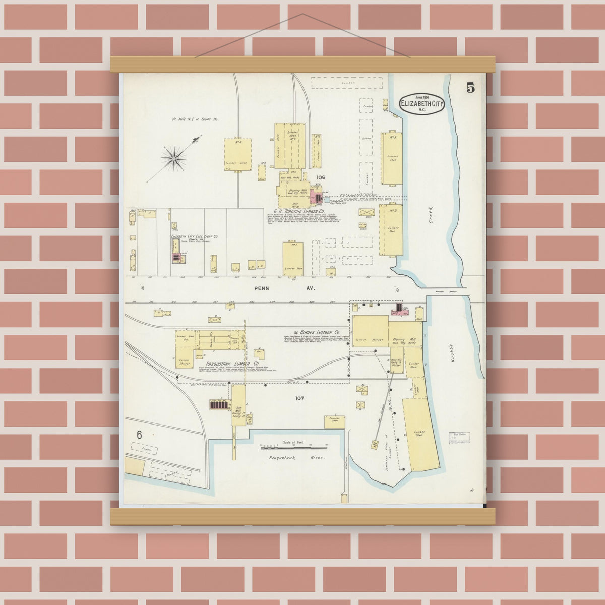 Old map wall art mockup — magnetic wood frame on brick wall — Sanborn Fire Insurance Map from Elizabeth City, Pasquotank County, North Carolina (1896), Sheet #0005
