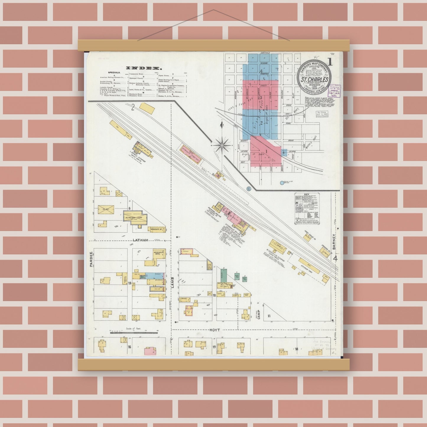 Old map wall art mockup — magnetic wood frame on brick wall — Sanborn Fire Insurance Map from Saint Charles, Winona County, Minnesota (1904) - Complete Map Set