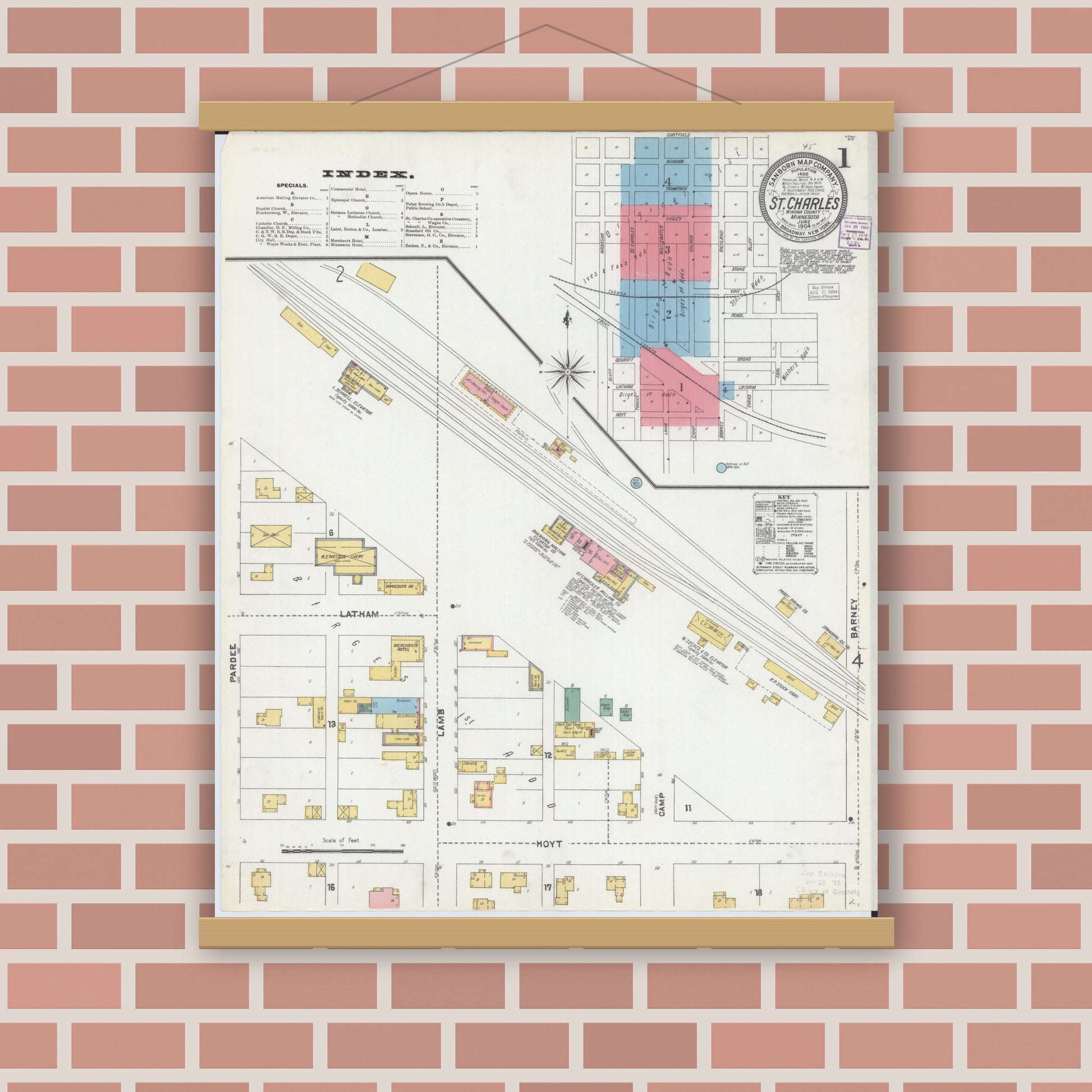 Old map wall art mockup — magnetic wood frame on brick wall — Sanborn Fire Insurance Map from Saint Charles, Winona County, Minnesota (1904) - Complete Map Set
