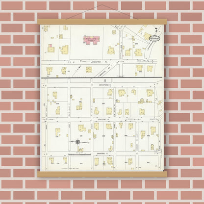 Old map wall art mockup — magnetic wood frame on brick wall — Sanborn Fire Insurance Map from Monroe, Union County, North Carolina (1914), Sheet #0007
