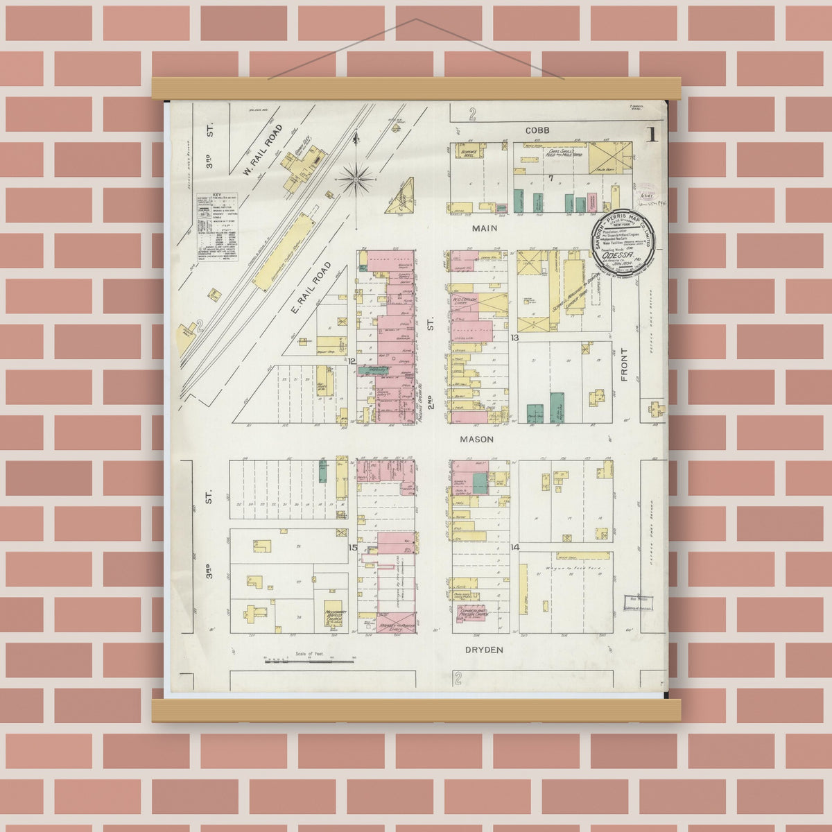 Old map wall art mockup — magnetic wood frame on brick wall — Sanborn Fire Insurance Map from Odessa, Lafayette County, Missouri (1894), Sheet #0001