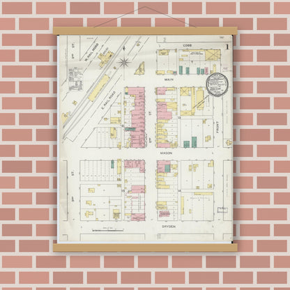 Old map wall art mockup — magnetic wood frame on brick wall — Sanborn Fire Insurance Map from Odessa, Lafayette County, Missouri (1894), Sheet #0001